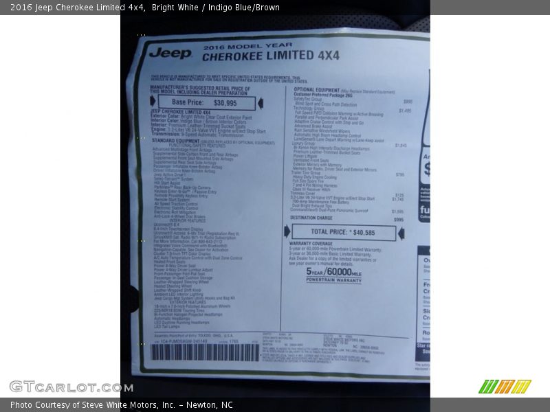 Bright White / Indigo Blue/Brown 2016 Jeep Cherokee Limited 4x4