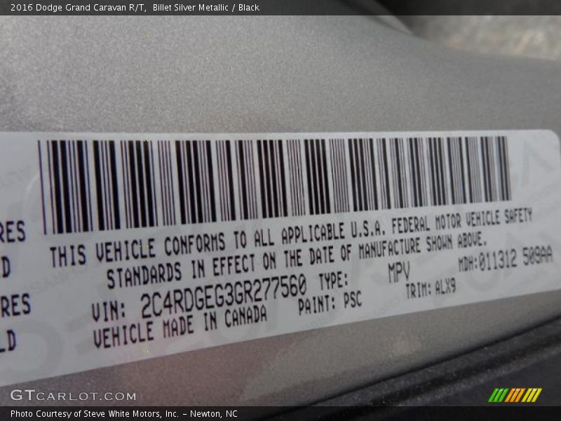 Billet Silver Metallic / Black 2016 Dodge Grand Caravan R/T