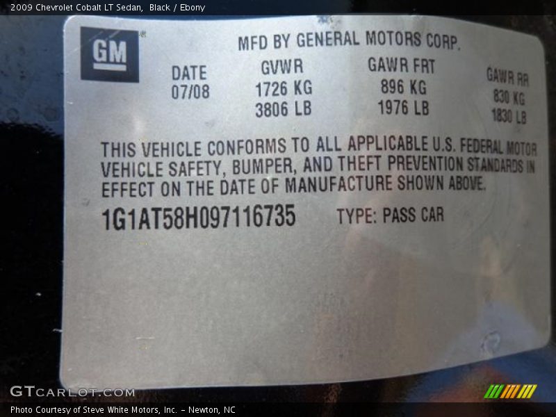 Black / Ebony 2009 Chevrolet Cobalt LT Sedan