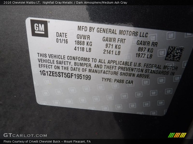 Nightfall Gray Metallic / Dark Atmosphere/Medium Ash Gray 2016 Chevrolet Malibu LT