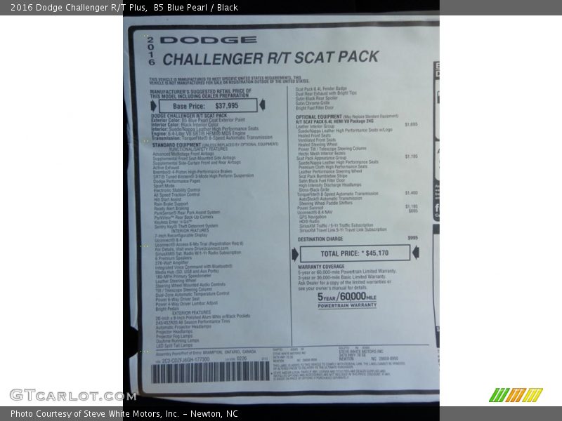B5 Blue Pearl / Black 2016 Dodge Challenger R/T Plus
