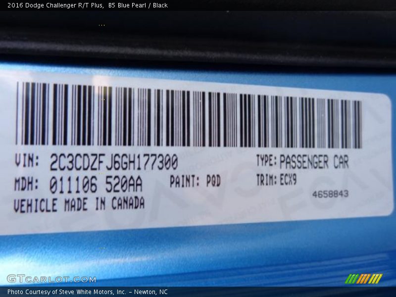 B5 Blue Pearl / Black 2016 Dodge Challenger R/T Plus