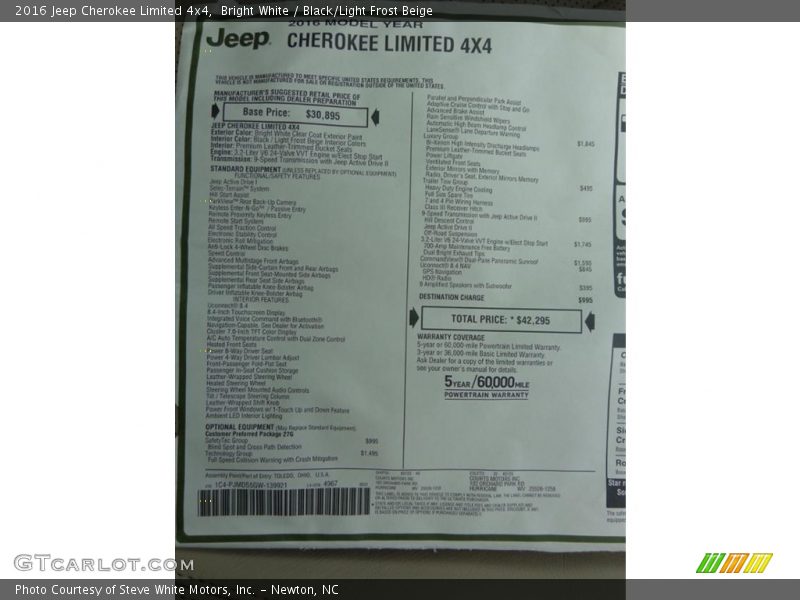 Bright White / Black/Light Frost Beige 2016 Jeep Cherokee Limited 4x4