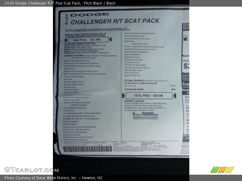  2016 Challenger R/T Plus Scat Pack Window Sticker