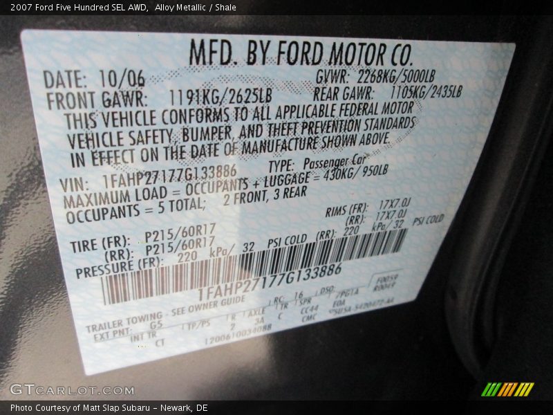 Alloy Metallic / Shale 2007 Ford Five Hundred SEL AWD