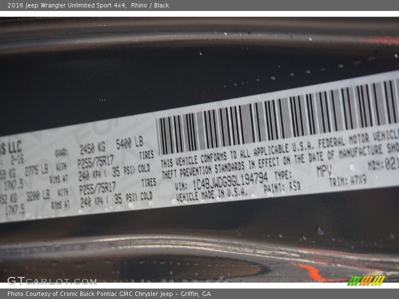 Rhino / Black 2016 Jeep Wrangler Unlimited Sport 4x4