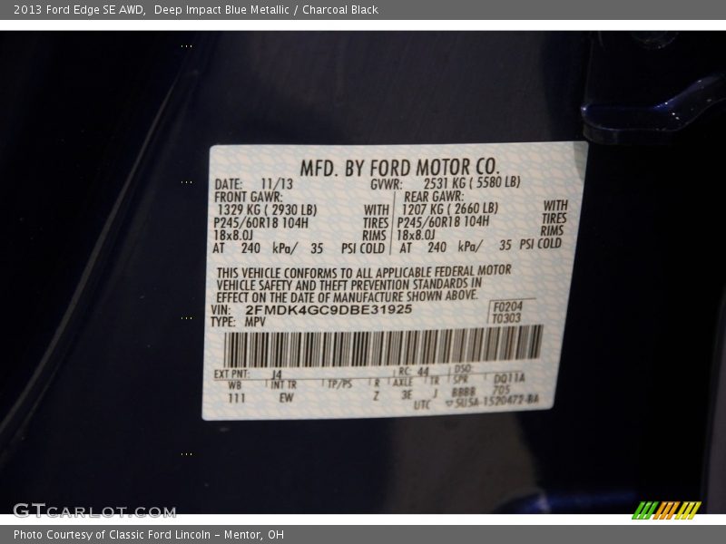 Deep Impact Blue Metallic / Charcoal Black 2013 Ford Edge SE AWD