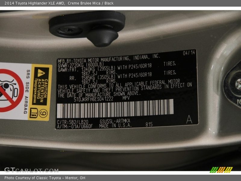 Creme Brulee Mica / Black 2014 Toyota Highlander XLE AWD