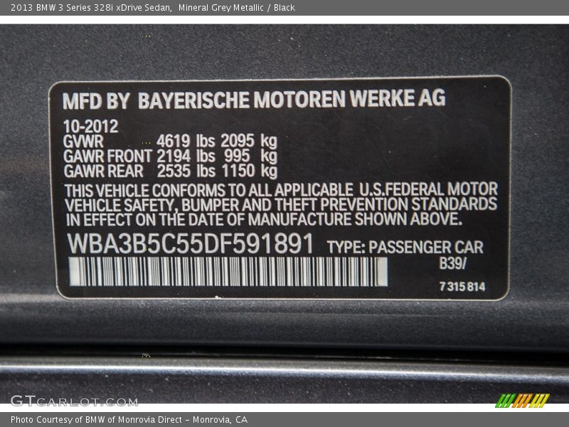 2013 3 Series 328i xDrive Sedan Mineral Grey Metallic Color Code B39