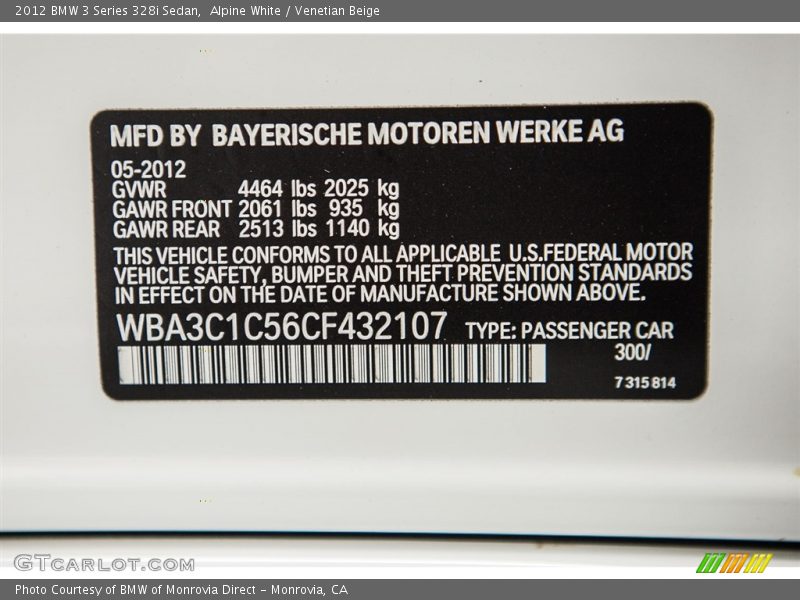 Alpine White / Venetian Beige 2012 BMW 3 Series 328i Sedan