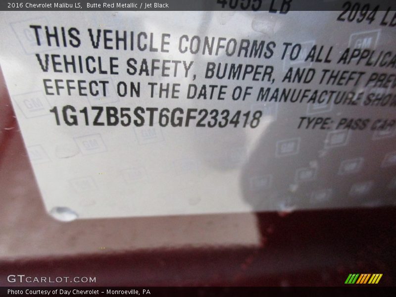 Butte Red Metallic / Jet Black 2016 Chevrolet Malibu LS