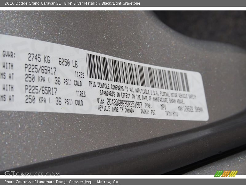 Billet Silver Metallic / Black/Light Graystone 2016 Dodge Grand Caravan SE