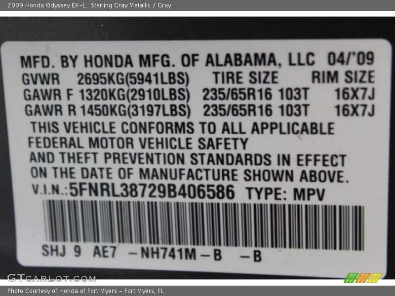 Sterling Gray Metallic / Gray 2009 Honda Odyssey EX-L