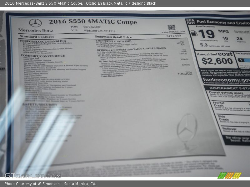  2016 S 550 4Matic Coupe Window Sticker