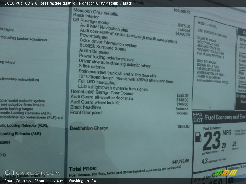  2016 Q3 2.0 TSFI Prestige quattro Window Sticker