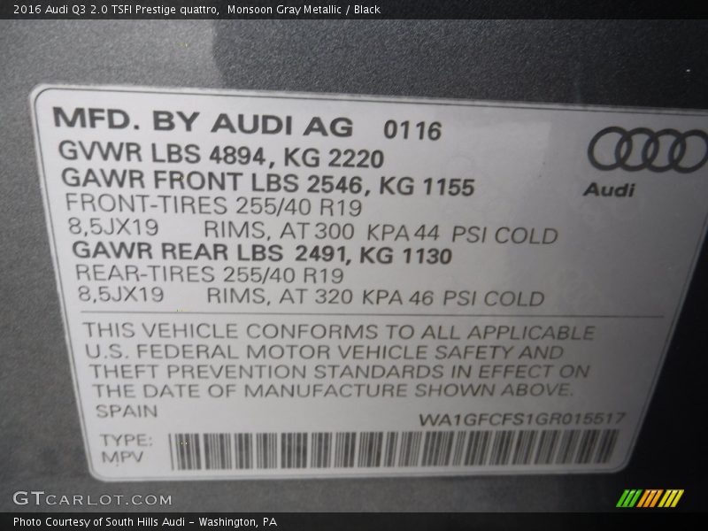 Monsoon Gray Metallic / Black 2016 Audi Q3 2.0 TSFI Prestige quattro