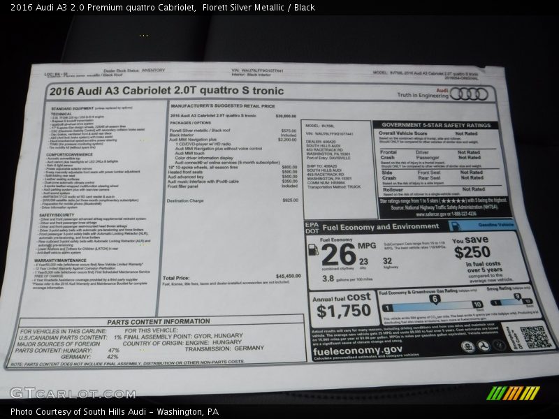  2016 A3 2.0 Premium quattro Cabriolet Window Sticker