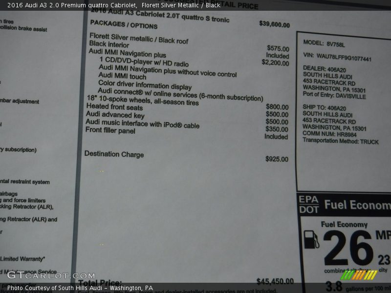  2016 A3 2.0 Premium quattro Cabriolet Window Sticker