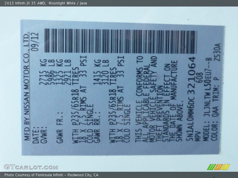 Moonlight White / Java 2013 Infiniti JX 35 AWD