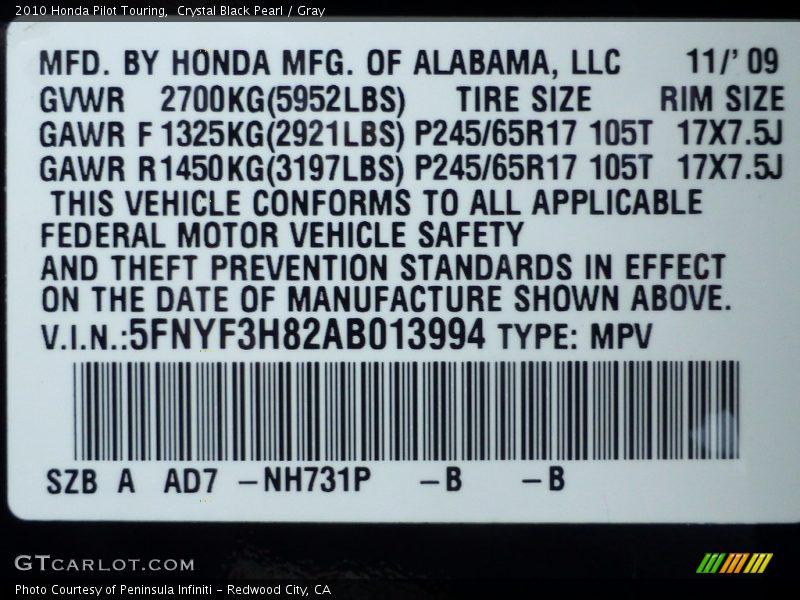 Crystal Black Pearl / Gray 2010 Honda Pilot Touring