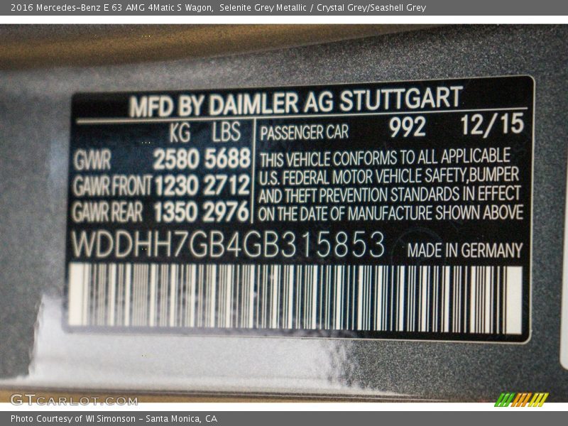 2016 E 63 AMG 4Matic S Wagon Selenite Grey Metallic Color Code 992