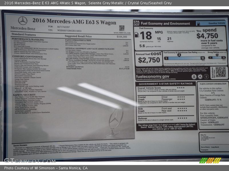  2016 E 63 AMG 4Matic S Wagon Window Sticker