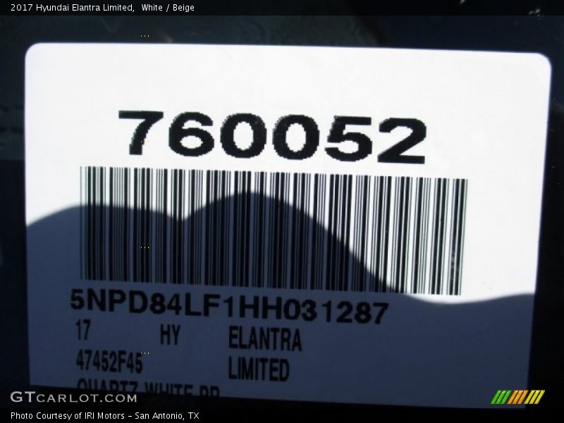 White / Beige 2017 Hyundai Elantra Limited
