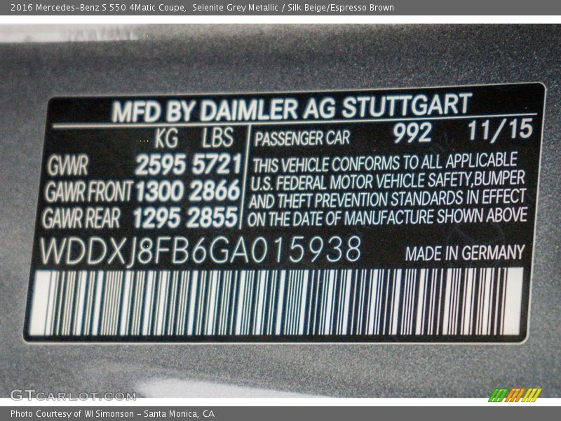 Selenite Grey Metallic / Silk Beige/Espresso Brown 2016 Mercedes-Benz S 550 4Matic Coupe