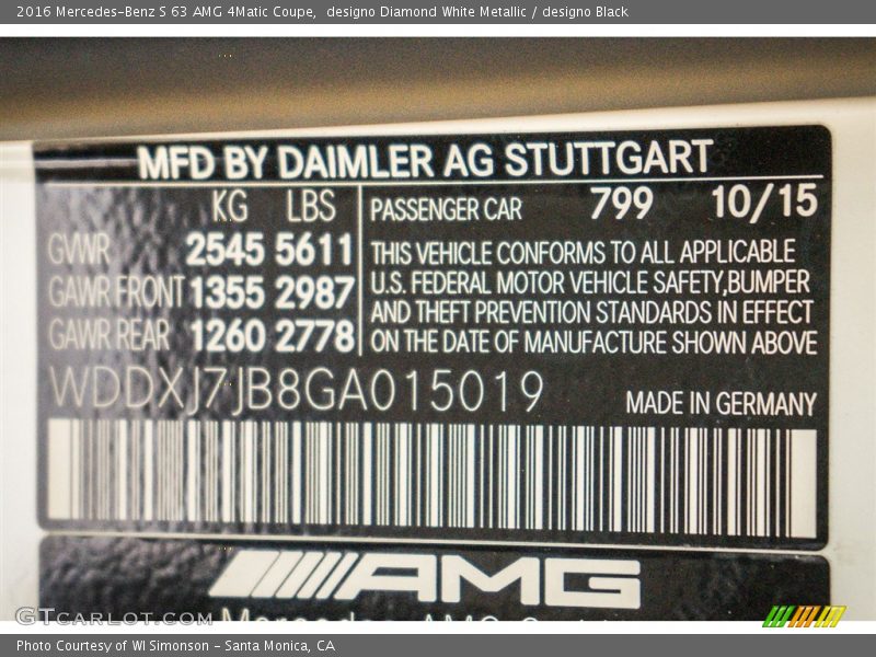 2016 S 63 AMG 4Matic Coupe designo Diamond White Metallic Color Code 799