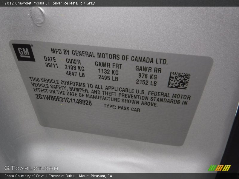 Silver Ice Metallic / Gray 2012 Chevrolet Impala LT