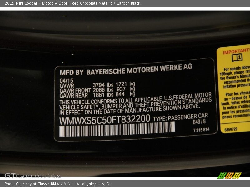 Iced Chocolate Metallic / Carbon Black 2015 Mini Cooper Hardtop 4 Door