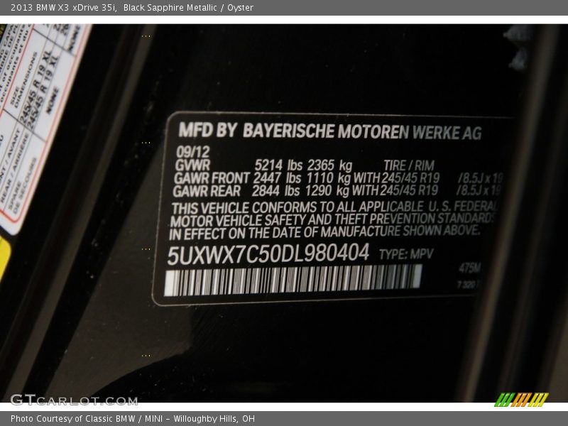 Black Sapphire Metallic / Oyster 2013 BMW X3 xDrive 35i