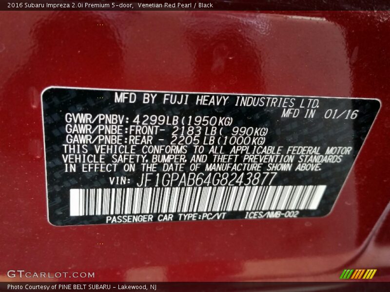 Venetian Red Pearl / Black 2016 Subaru Impreza 2.0i Premium 5-door