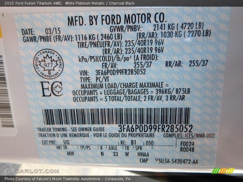 White Platinum Metallic / Charcoal Black 2015 Ford Fusion Titanium AWD