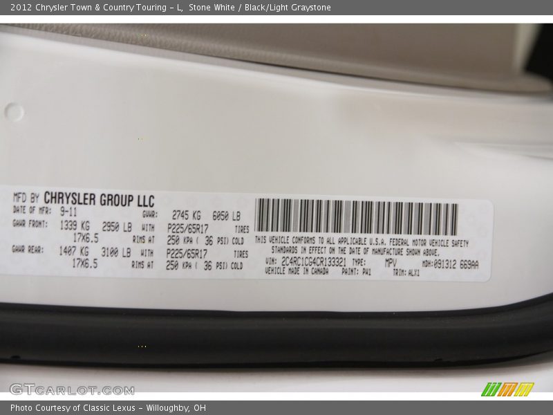 Stone White / Black/Light Graystone 2012 Chrysler Town & Country Touring - L