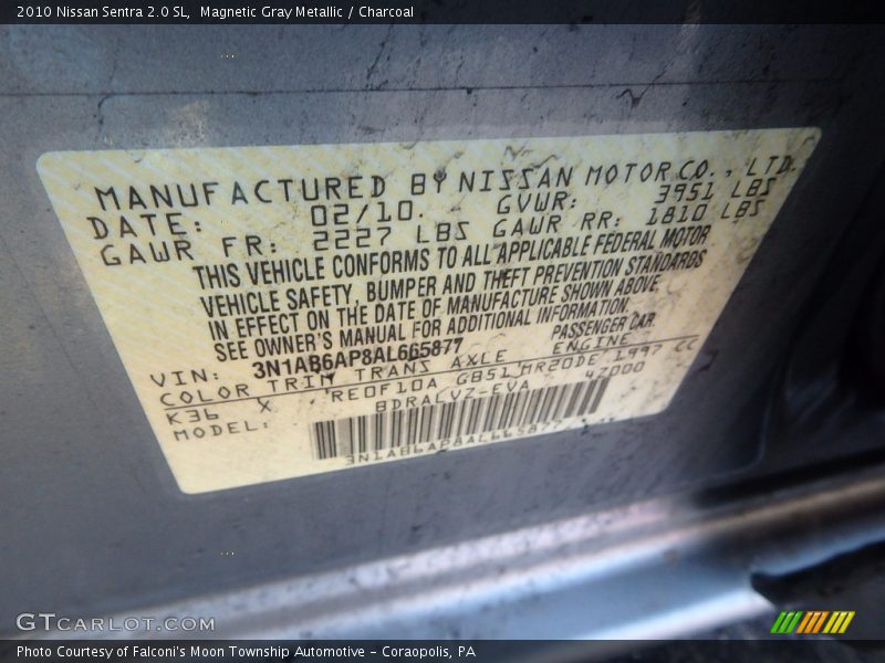 Magnetic Gray Metallic / Charcoal 2010 Nissan Sentra 2.0 SL