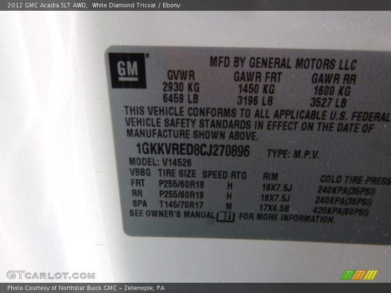 White Diamond Tricoat / Ebony 2012 GMC Acadia SLT AWD