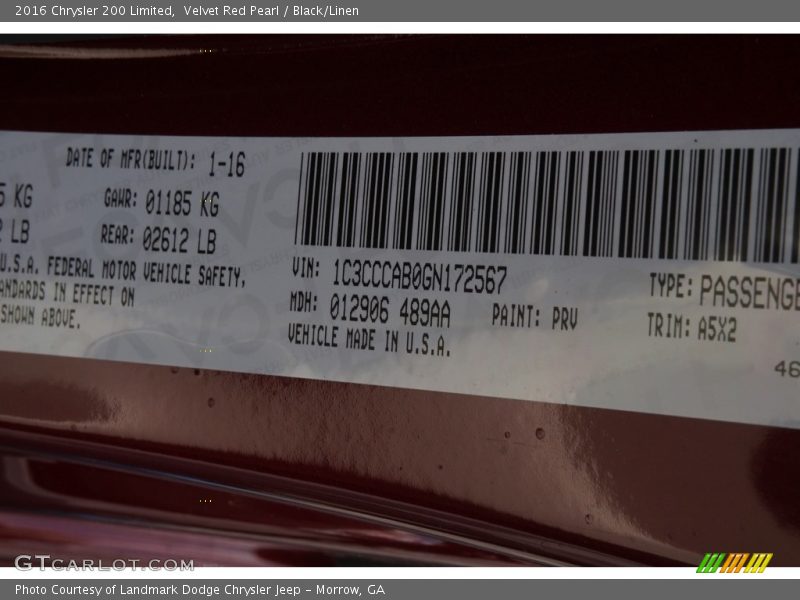 Velvet Red Pearl / Black/Linen 2016 Chrysler 200 Limited