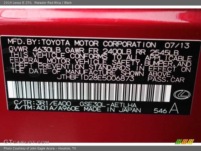 Matador Red Mica / Black 2014 Lexus IS 250