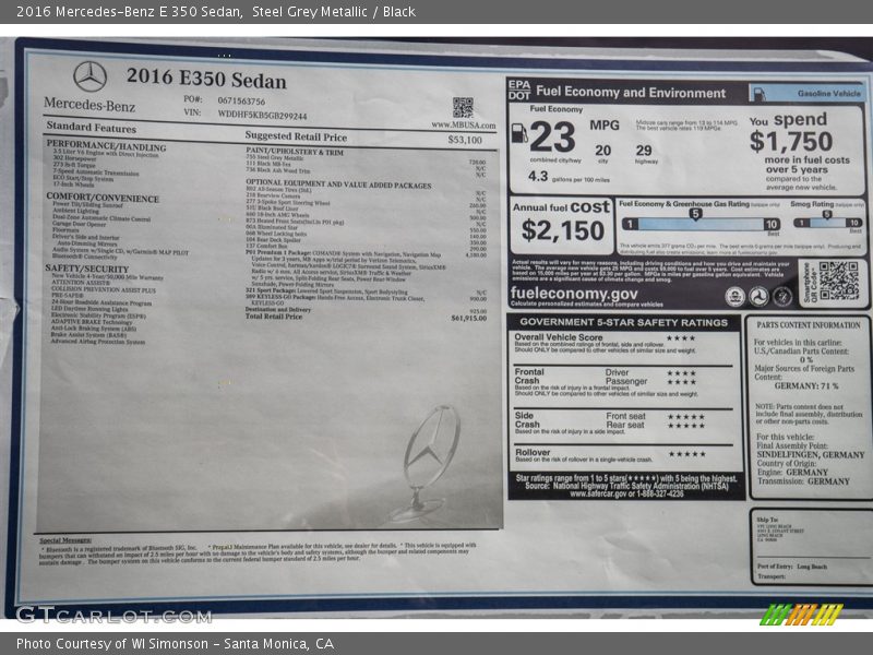 Steel Grey Metallic / Black 2016 Mercedes-Benz E 350 Sedan