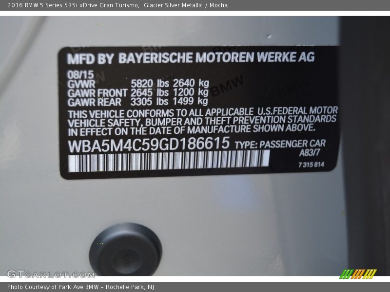 2016 5 Series 535i xDrive Gran Turismo Glacier Silver Metallic Color Code A83