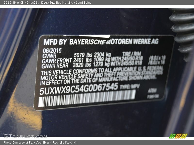 Deep Sea Blue Metallic / Sand Beige 2016 BMW X3 xDrive28i