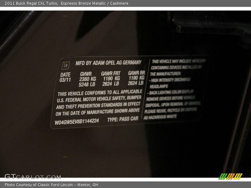 Espresso Bronze Metallic / Cashmere 2011 Buick Regal CXL Turbo