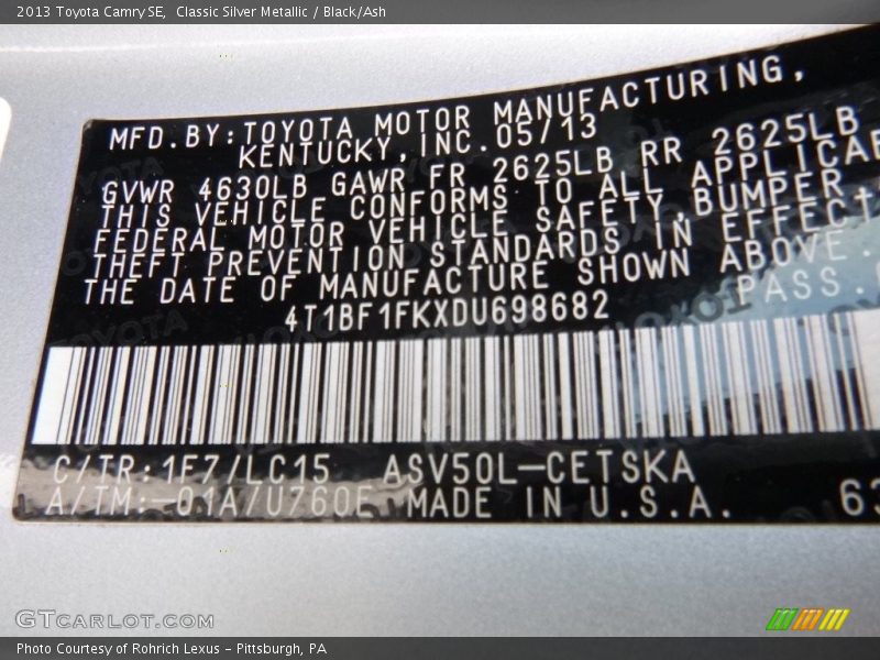 Classic Silver Metallic / Black/Ash 2013 Toyota Camry SE