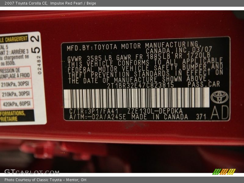 Impulse Red Pearl / Beige 2007 Toyota Corolla CE