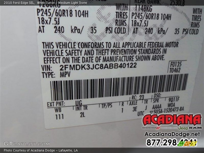 White Suede / Medium Light Stone 2010 Ford Edge SEL