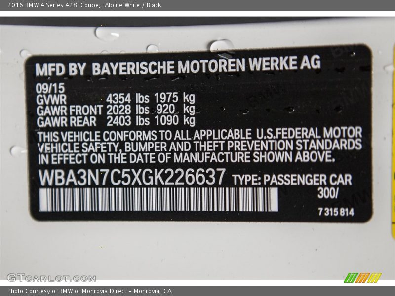 Alpine White / Black 2016 BMW 4 Series 428i Coupe