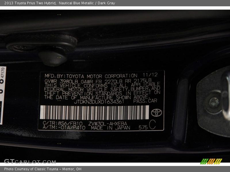Nautical Blue Metallic / Dark Gray 2013 Toyota Prius Two Hybrid