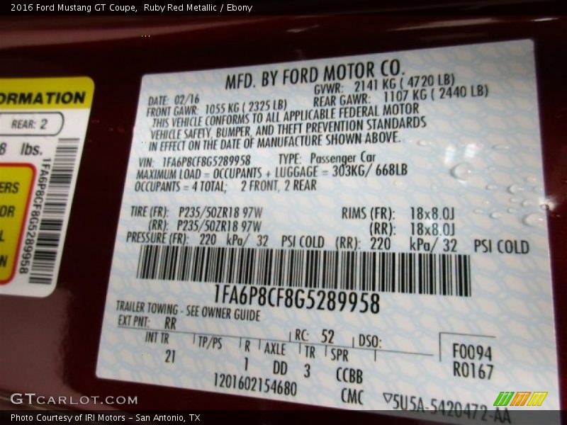 2016 Mustang GT Coupe Ruby Red Metallic Color Code RR