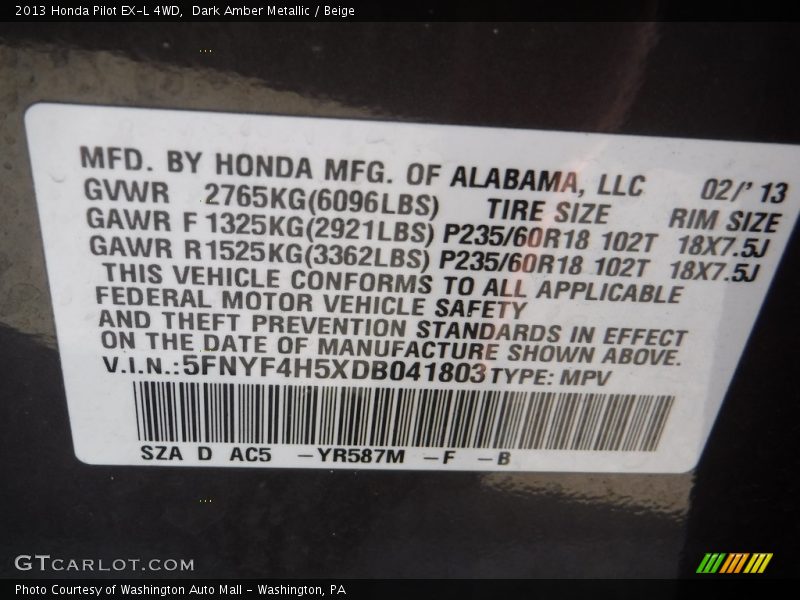 Dark Amber Metallic / Beige 2013 Honda Pilot EX-L 4WD